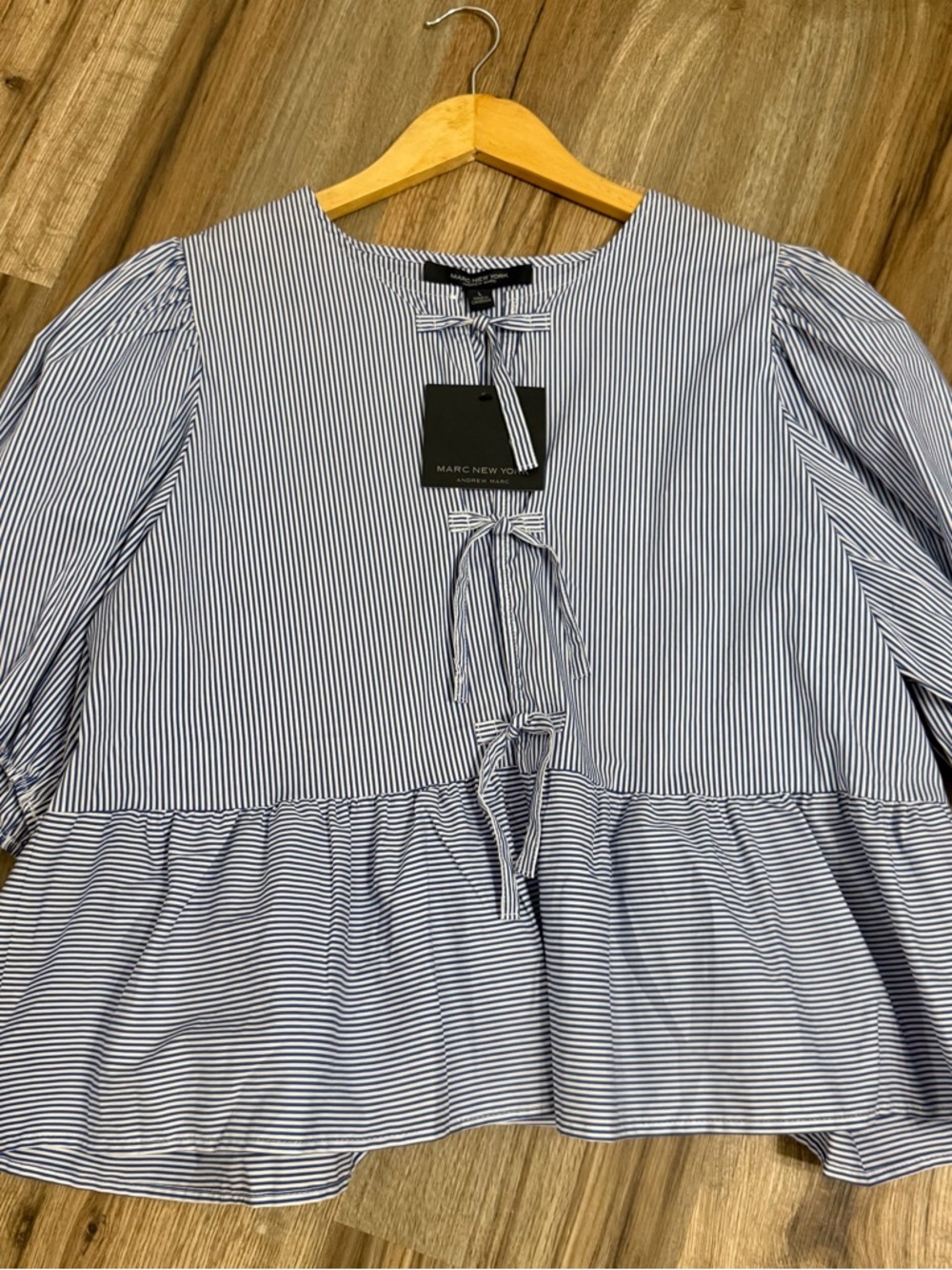Marc New York Navy & White Striped Tie-Front Peplum Blouse